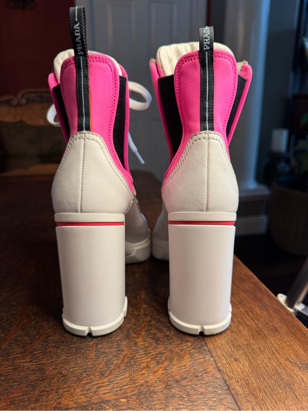 Prada White Leather & Neon Pink Neoprene Chunky Heel Lace Up Boots IT 6.5 - Picture 5 of 16